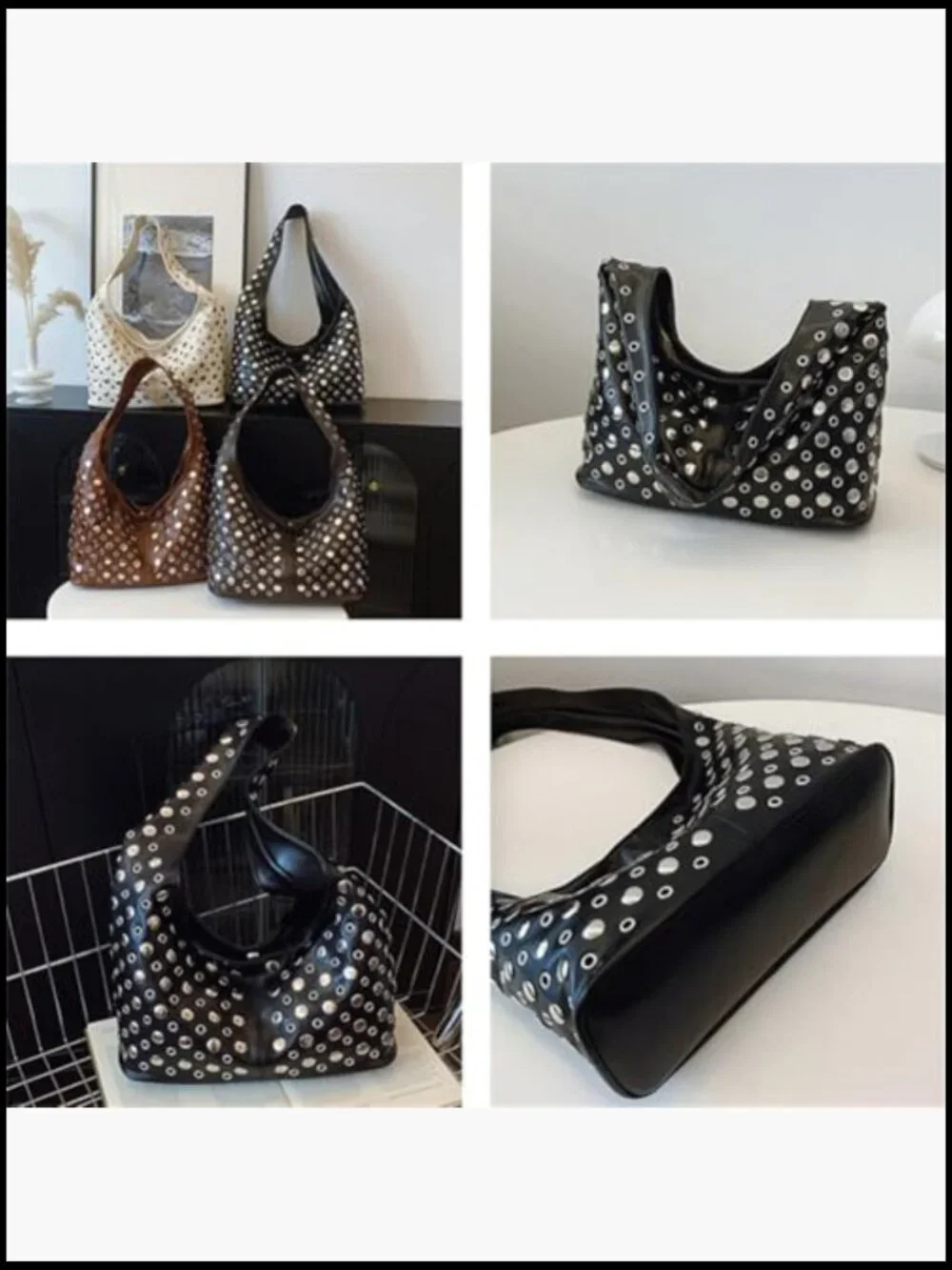 Studded Shoulder Bag Slouchy Hobo Handbag Faux Leather Satchel Purse Trendy - Picture 5 of 7